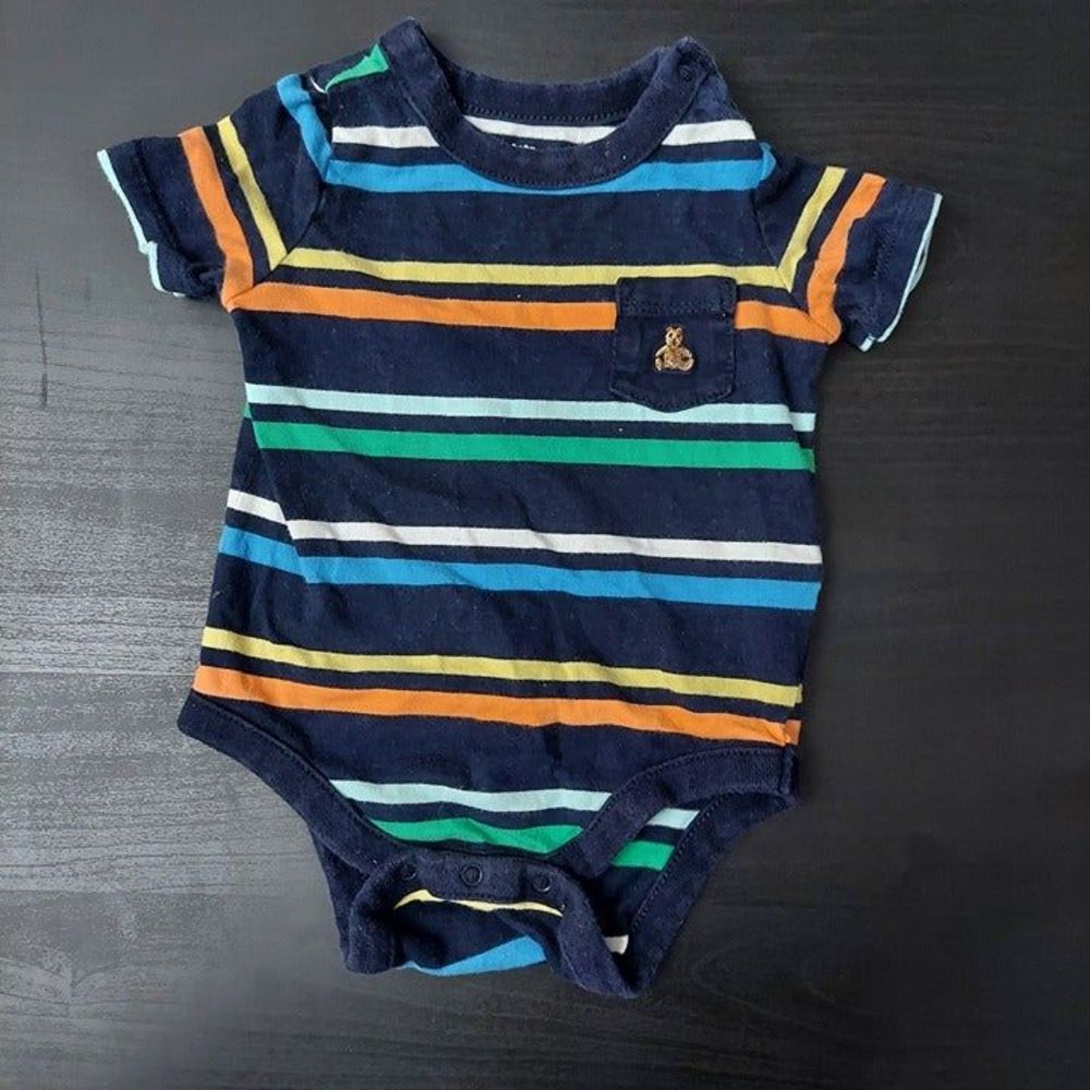 Baby Gap 3-6 Months Multicolored Short Sleeve Striped Bodysuit Teddy Bear Pocket